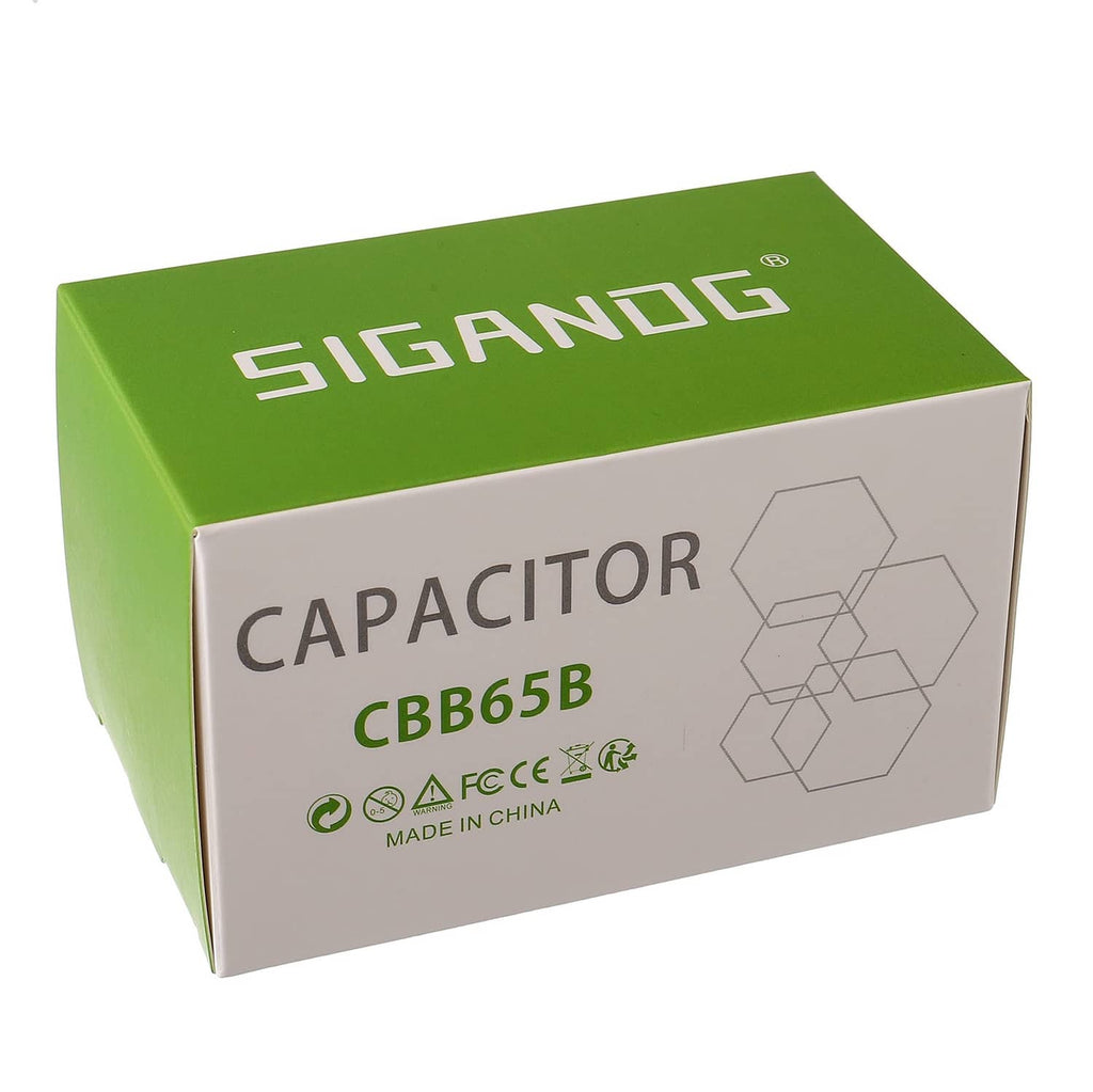 Sigandg CBB65B capacitor retail box, green and white packaging with label