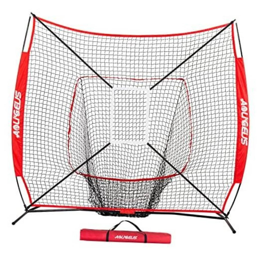 Red and white baseball practice net with strike zone target and black support poles