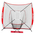 Red and white baseball practice net with strike zone target and black support poles