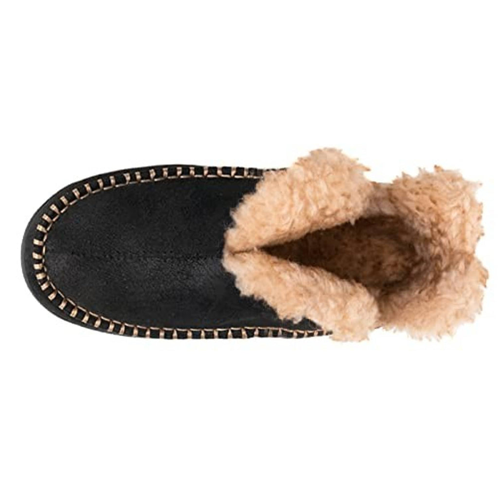 Men’s black moccasin bootie slipper, side profile with tan shearling cuff and stitched edge