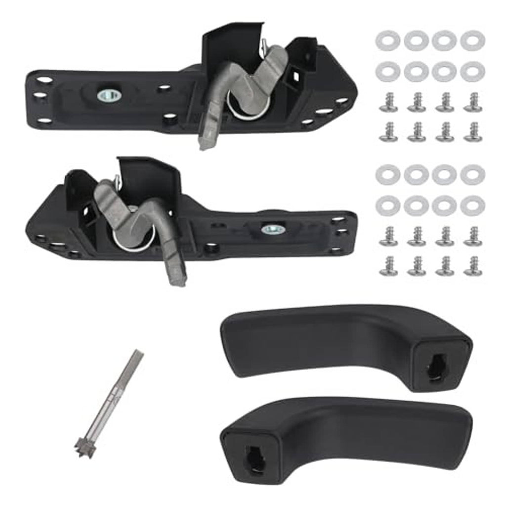 Black interior door handle repair kit with two lever handles, latch plates, mounting screws