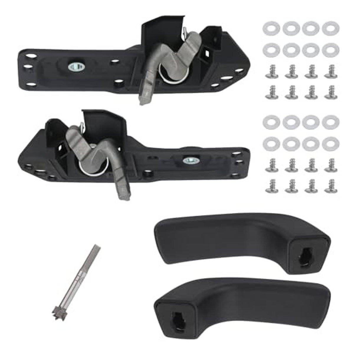 Black interior door handle repair kit with two lever handles, latch plates, mounting screws