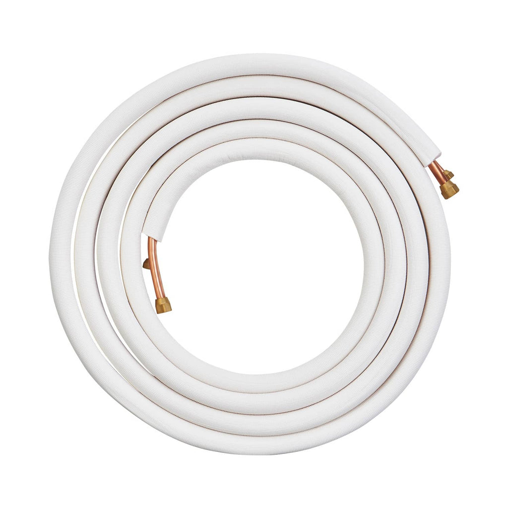 Mini split line set tubing coil, white insulation with copper end flare fittings