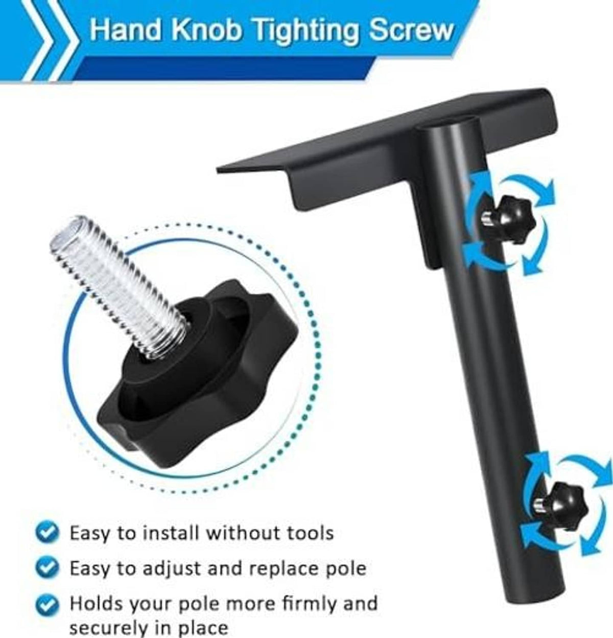 Black flag pole mount bracket with hand knob tightening screw mechanism