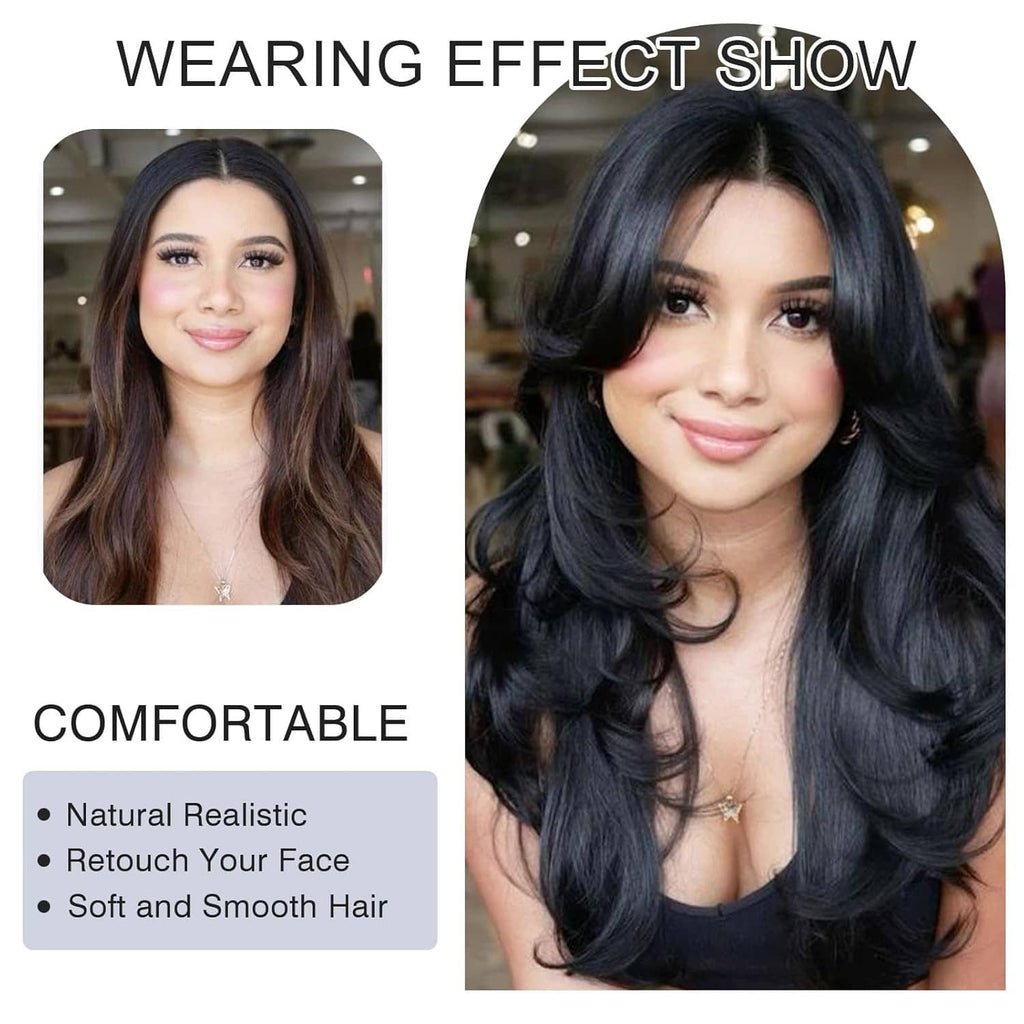 Long wavy layered black wig with curtain bangs and full, voluminous curls