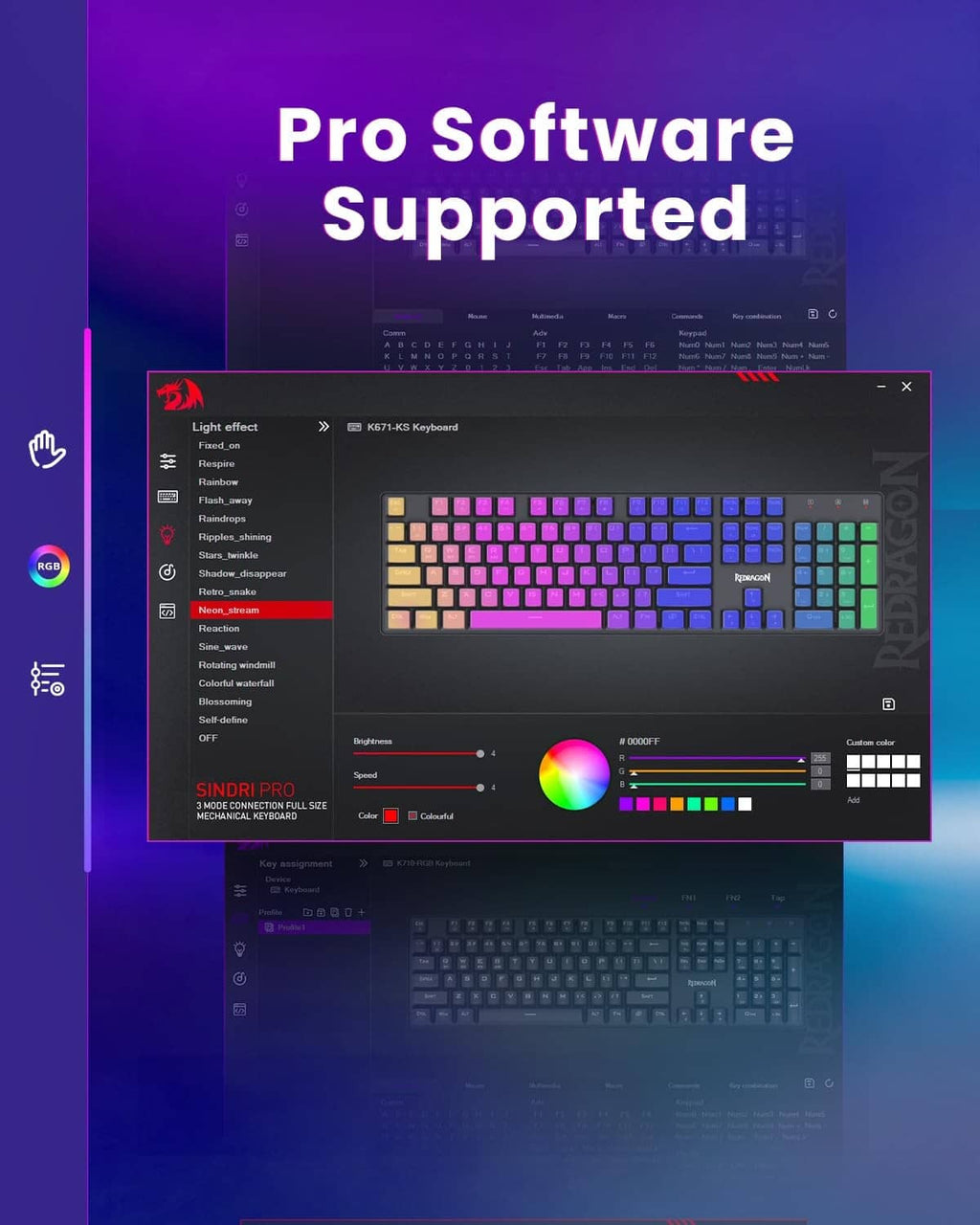 Redragon keyboard RGB control software on screen with color preview.