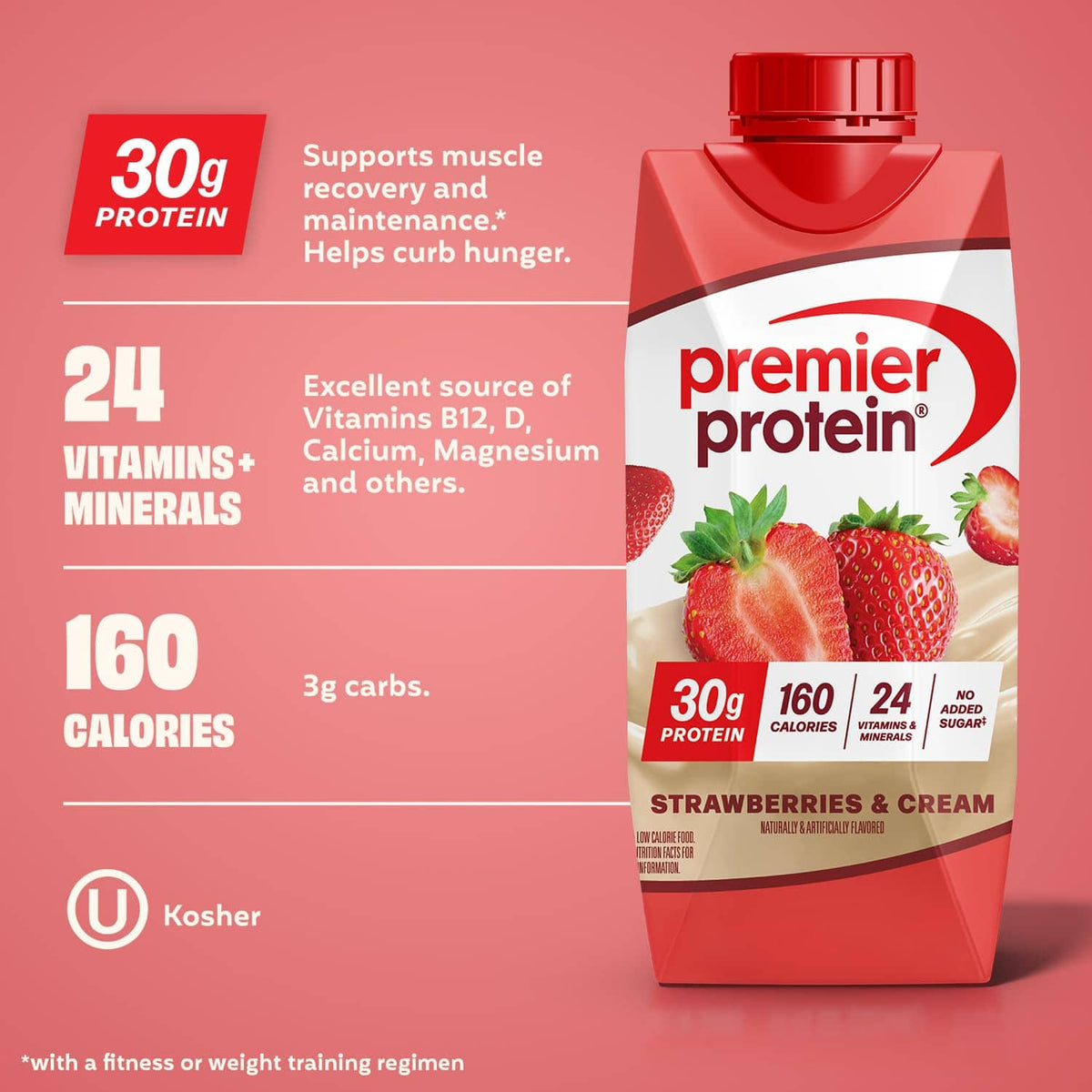 Premier Protein strawberries and cream protein shake carton with nutritional callouts