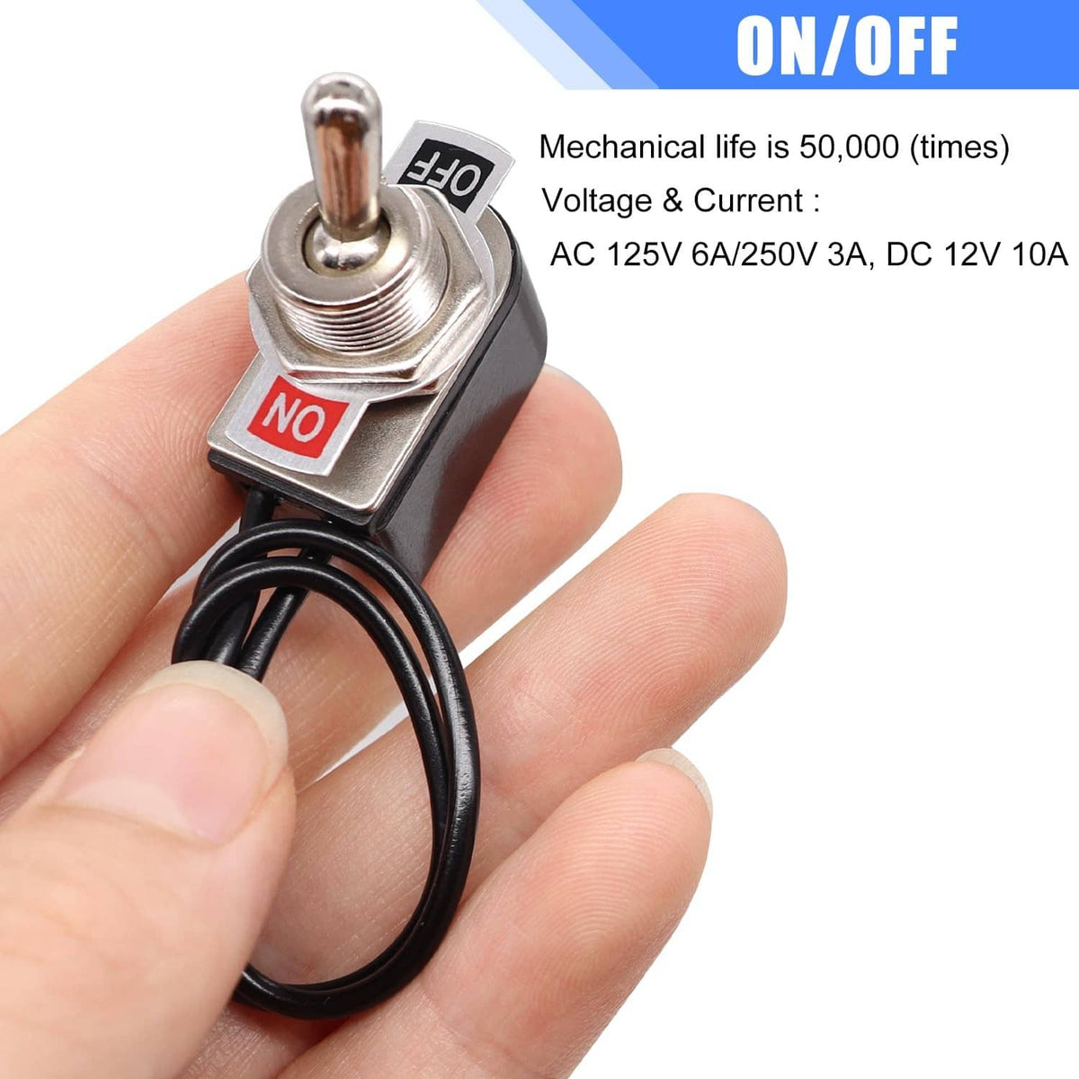 Mechanical on/off toggle switch with metal actuator, red NO label, and black cable
