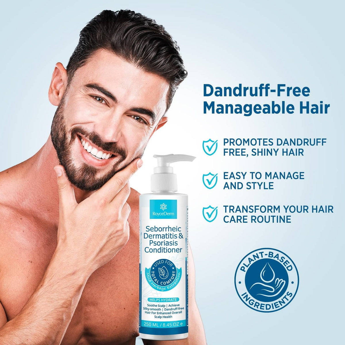White pump conditioner bottle with dandruf-free manageability styling benefits graphic