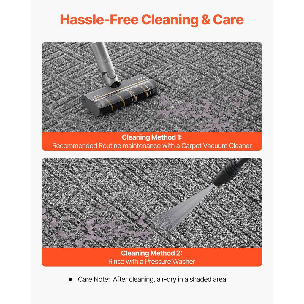Grey door mat with textured pile for vacuum cleaning and pressurized rinsing.