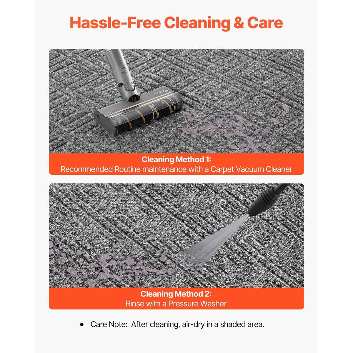 Grey door mat with textured pile for vacuum cleaning and pressurized rinsing.