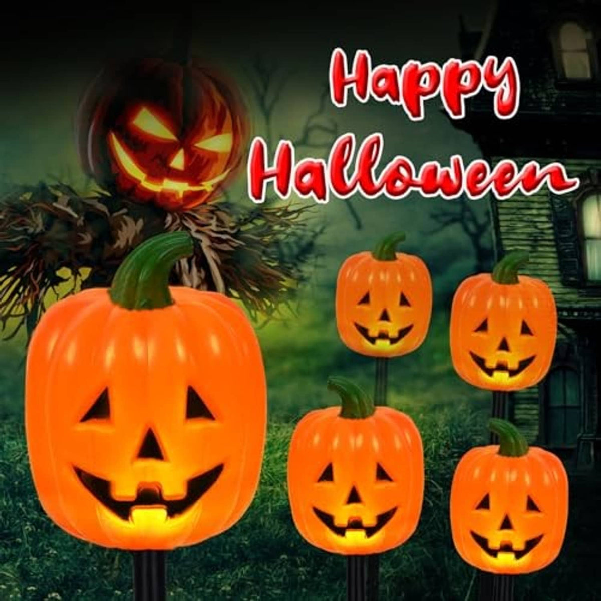 Jack-o'-lantern pumpkin stake lights with glowing faces, multiple sizes