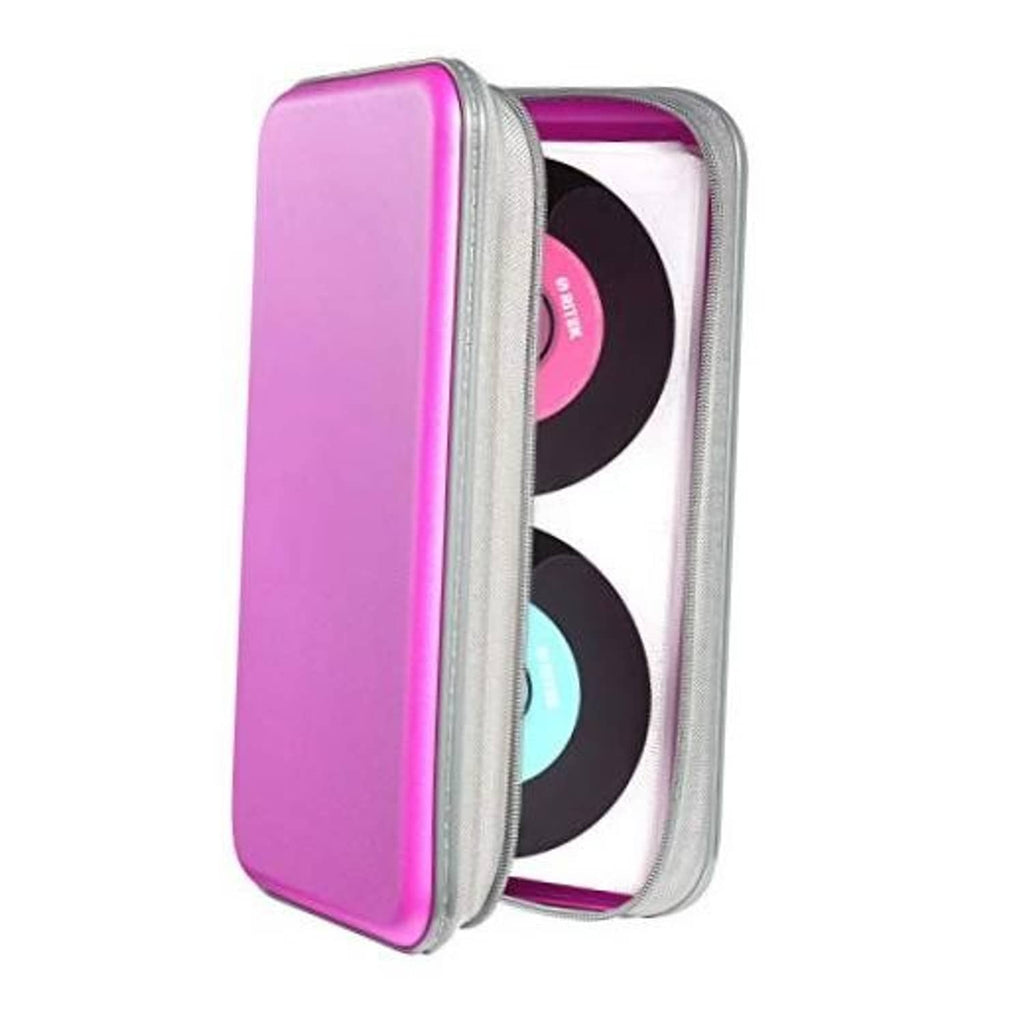 Purple hard plastic CD case, open, holding two discs in slim organizer sleeve