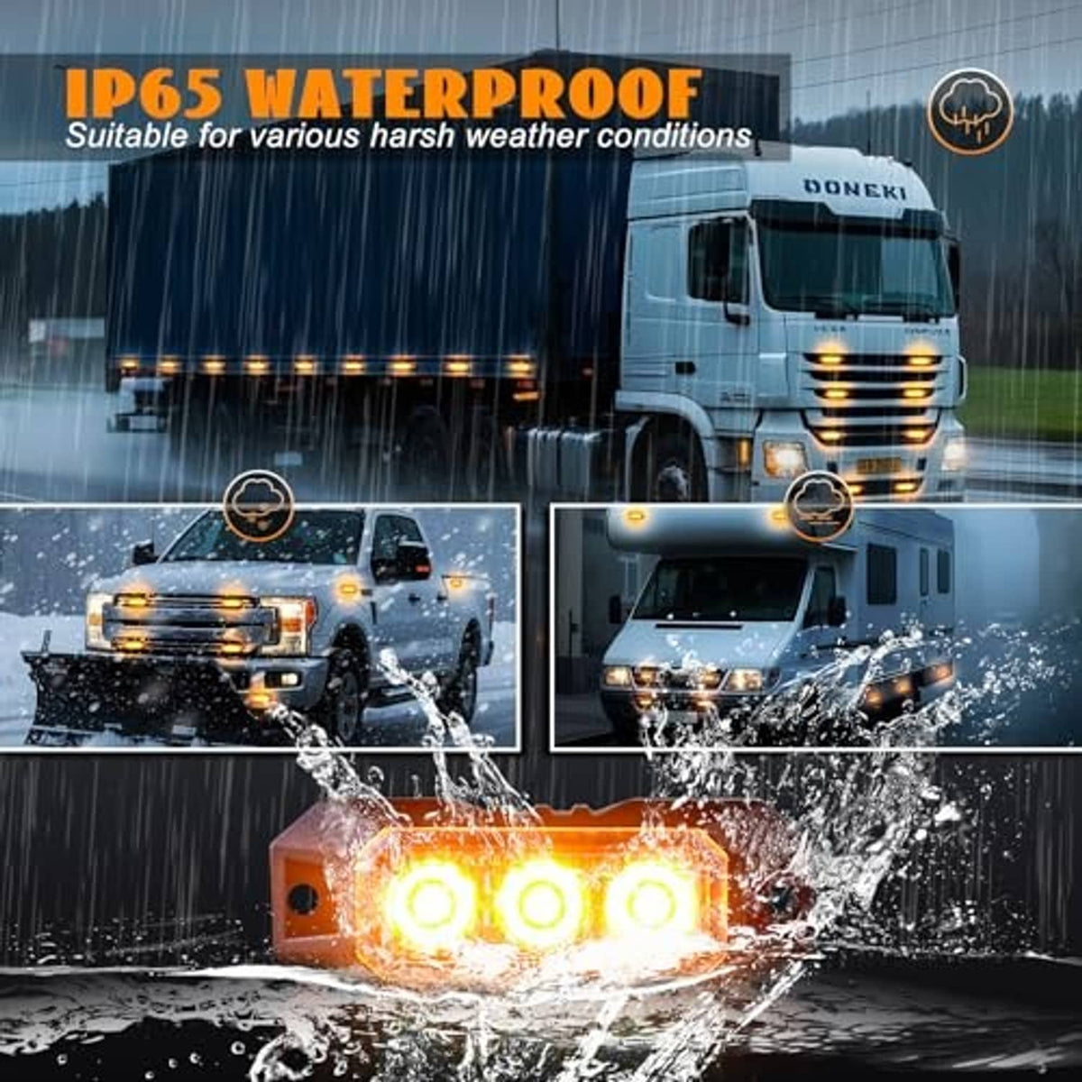 Waterproof amber LED strobe warning light with clear lens, lit amid splashing water