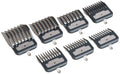 Hair clipper attachment comb set with dark guards and metal teeth, multiple sizes