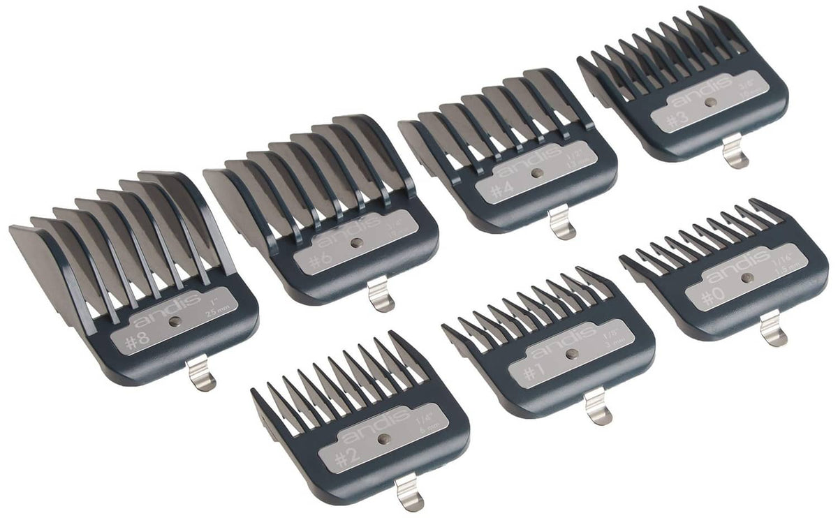 Hair clipper attachment comb set with dark guards and metal teeth, multiple sizes