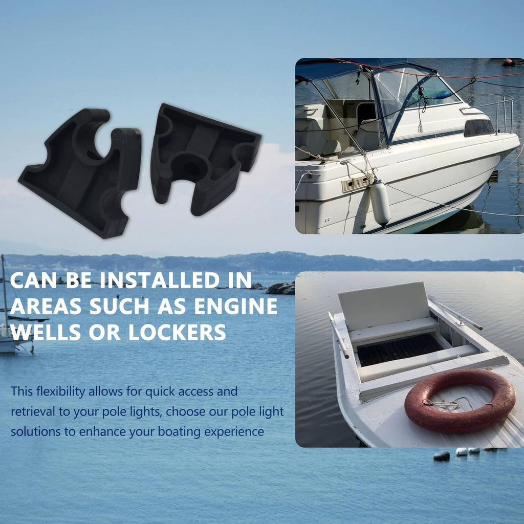 Black rubber boat pole light storage clips, two-piece set shown near a boat