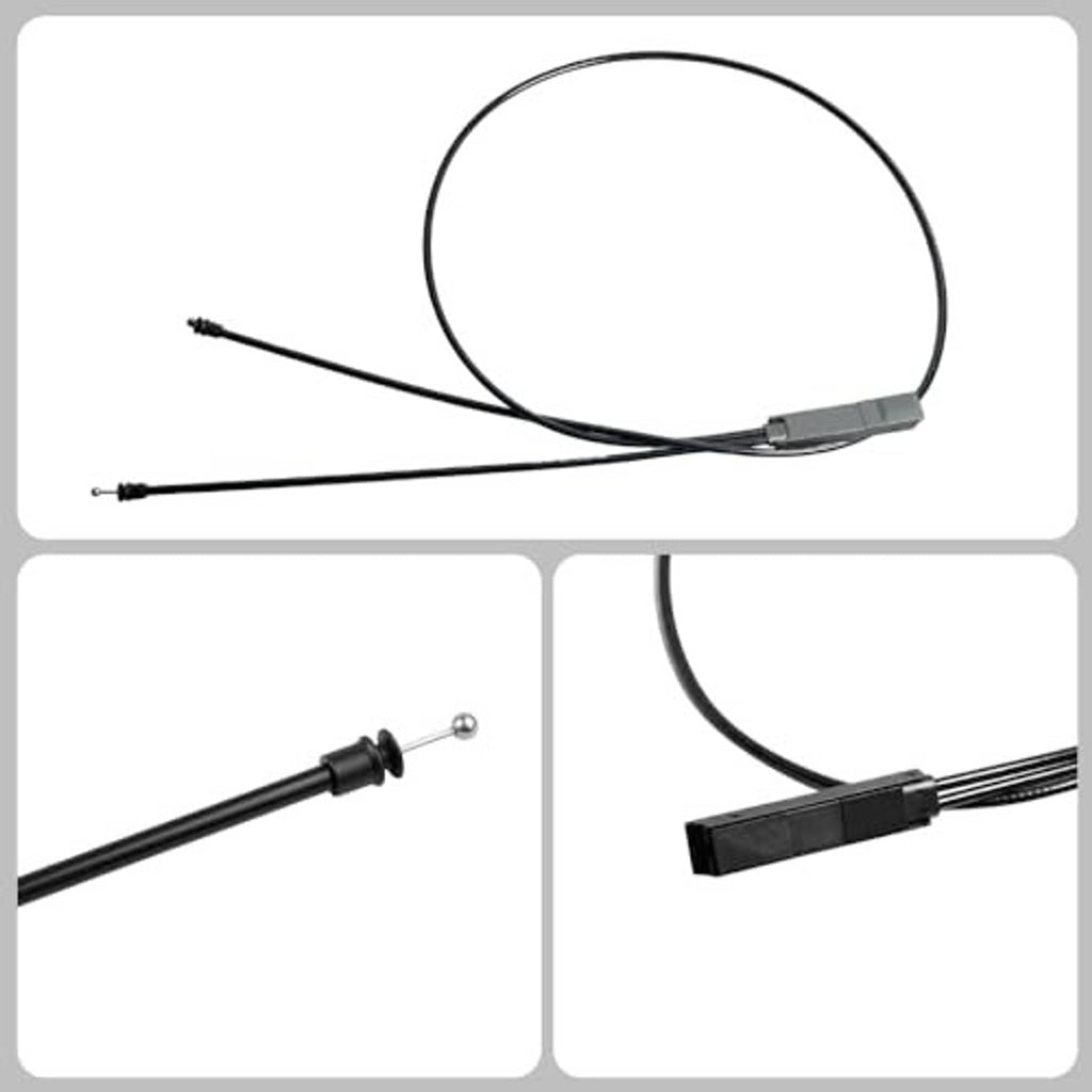 Black hood release cable with gray sleeve and two end connectors, close-up view
