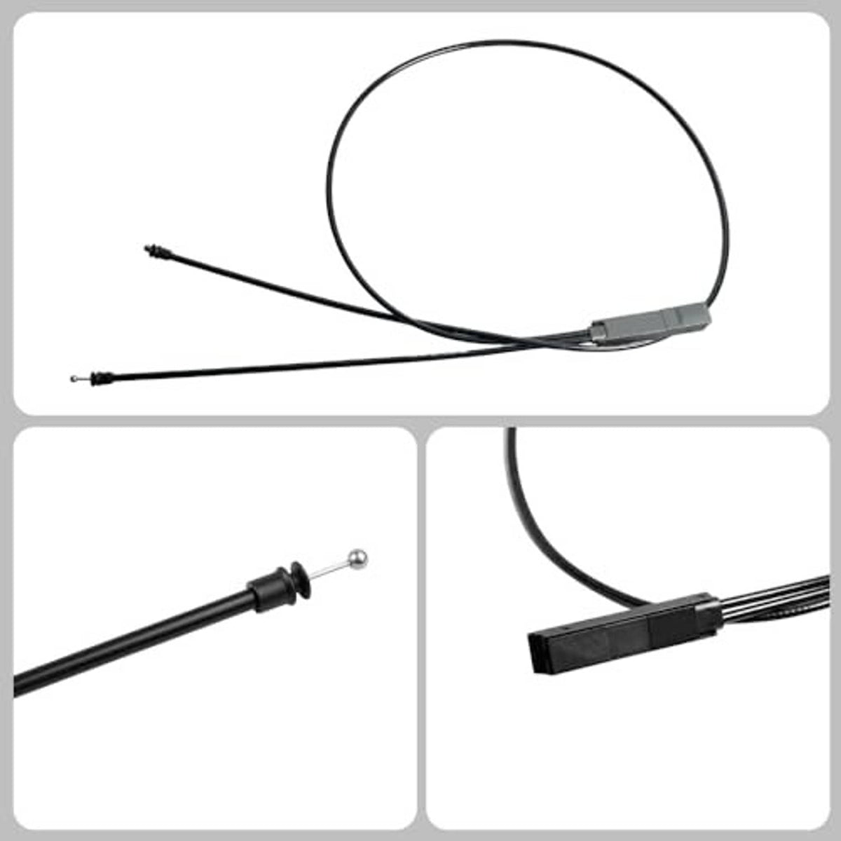 Black hood release cable with gray sleeve and two end connectors, close-up view