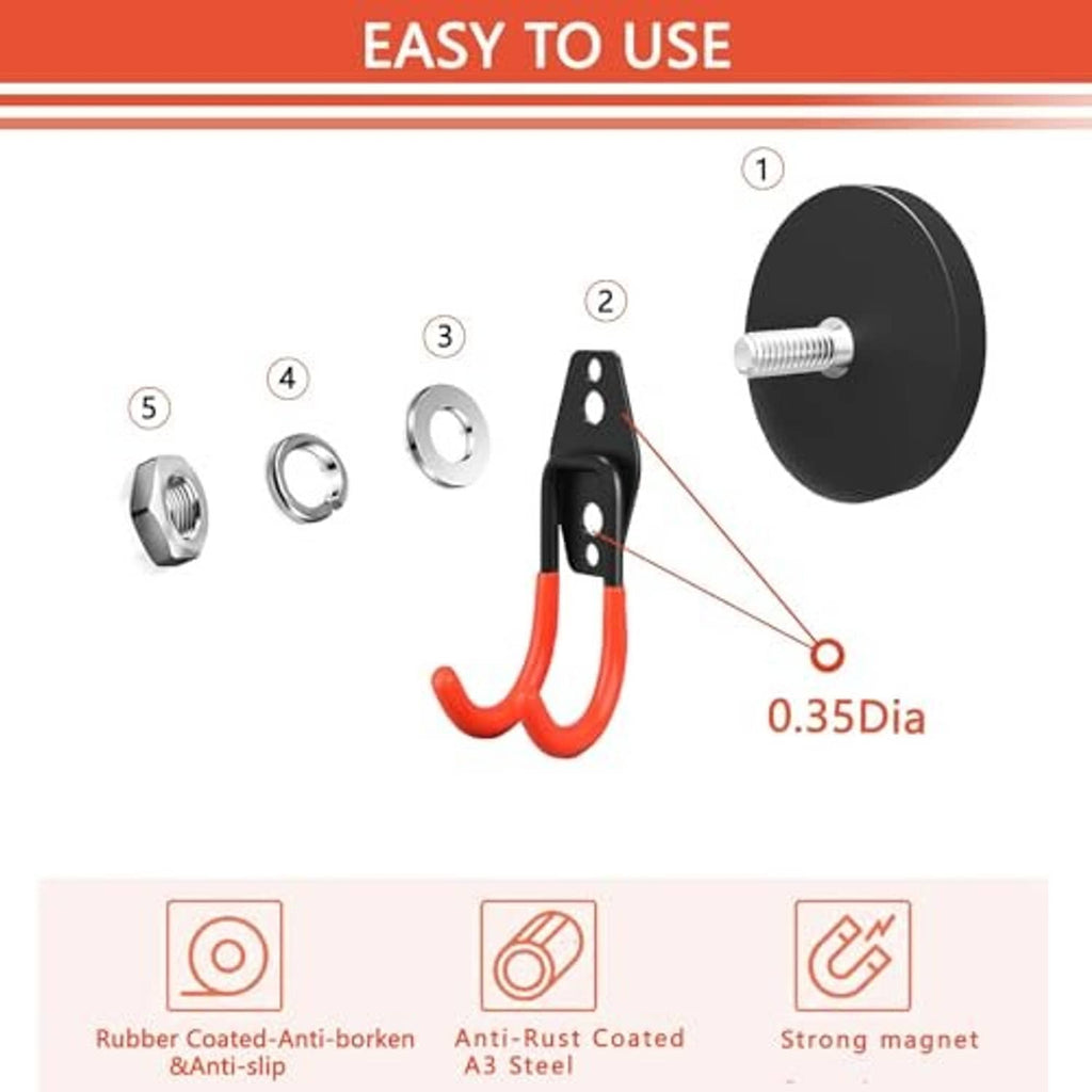 Magnetic hook with black round magnet, red-orange rubber-coated double prongs and bolt