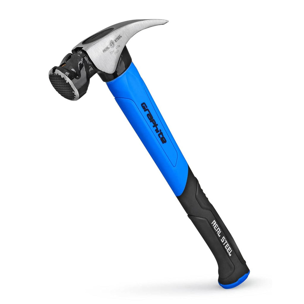 Graphite claw framing hammer with silver claw head, blue handle, black grip