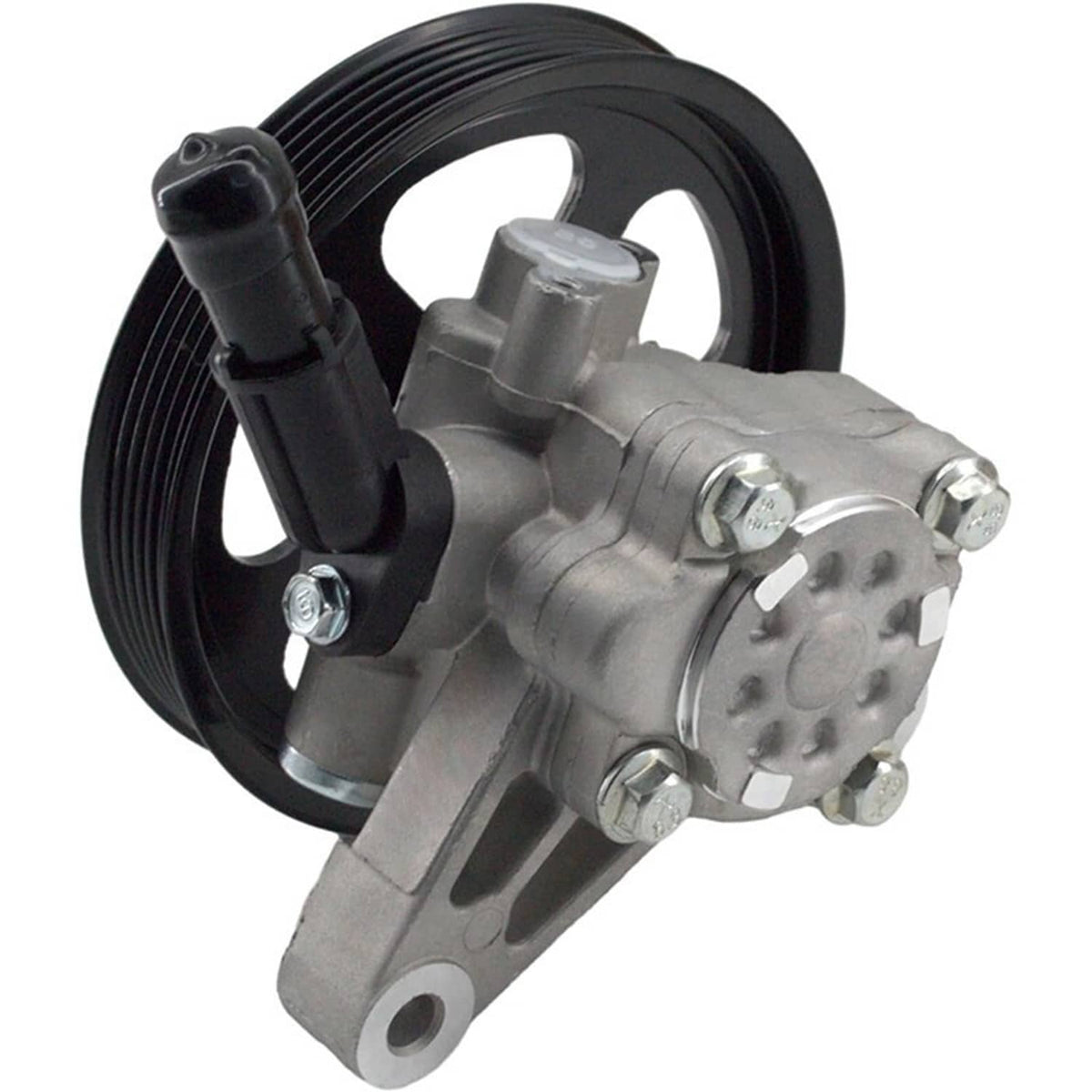 Power steering pump assembly with black pulley, silver body, and inlet hose