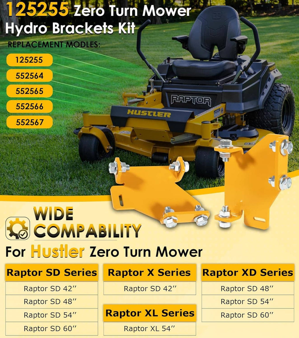 Yellow hydro transmission brackets on a Hustler zero-turn mower, replacement mount kit