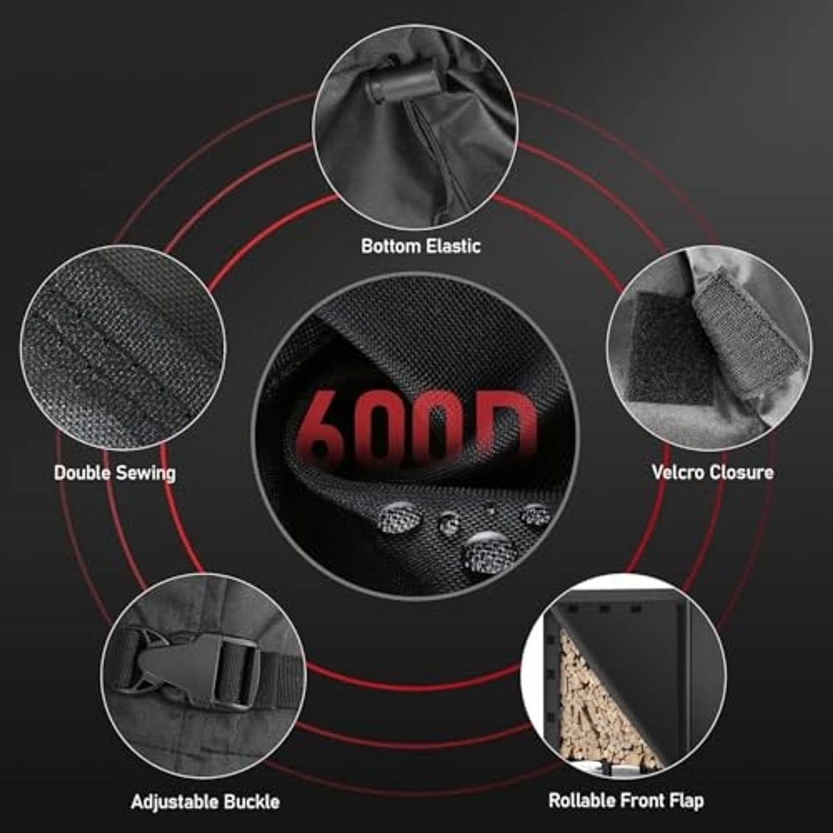 Black 600D firewood rack cover with bottom elastic, velcro closure, adjustable buckle