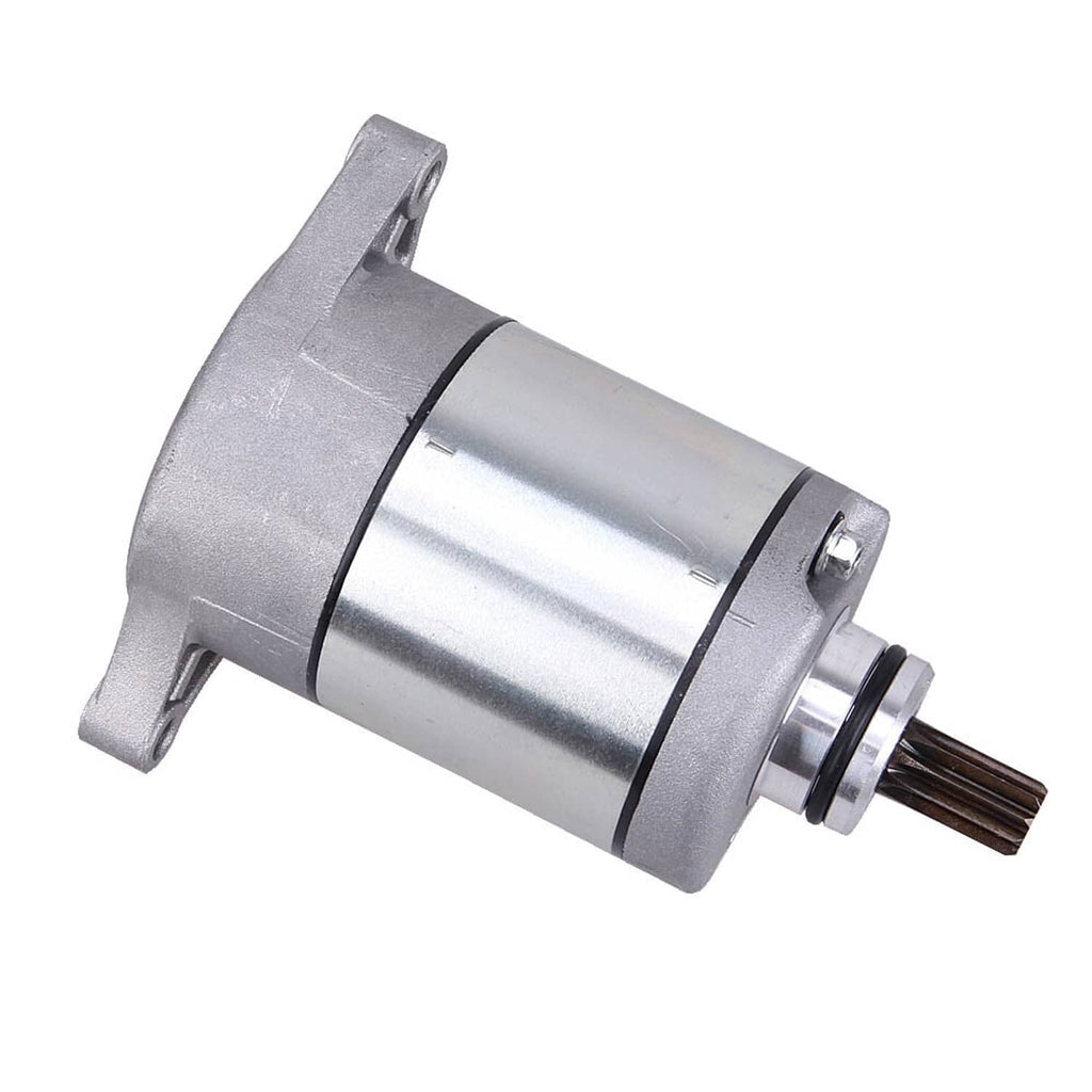 Starter motor assembly side view with flanged mount and splined drive shaft, silver metal