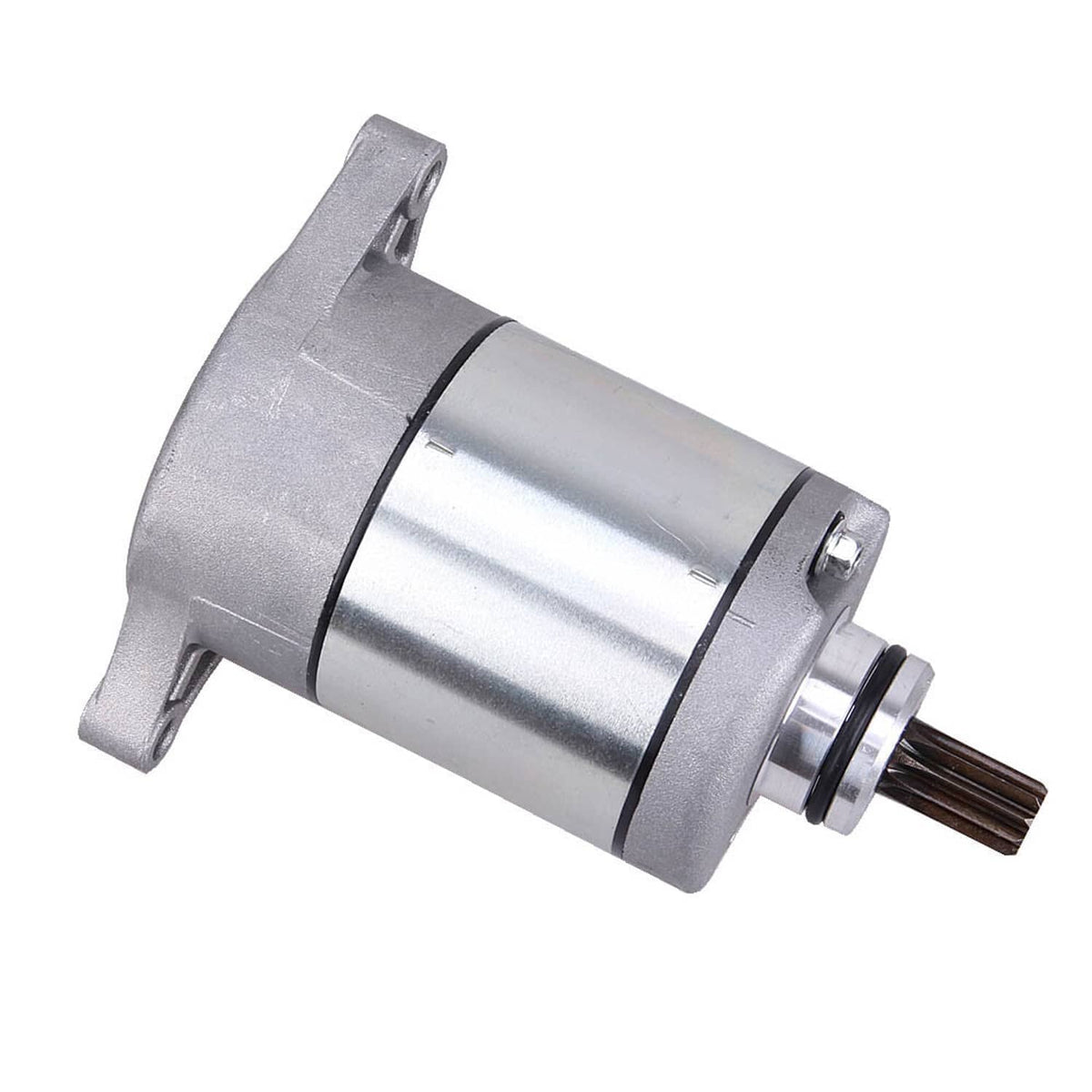 Starter motor assembly side view with flanged mount and splined drive shaft, silver metal