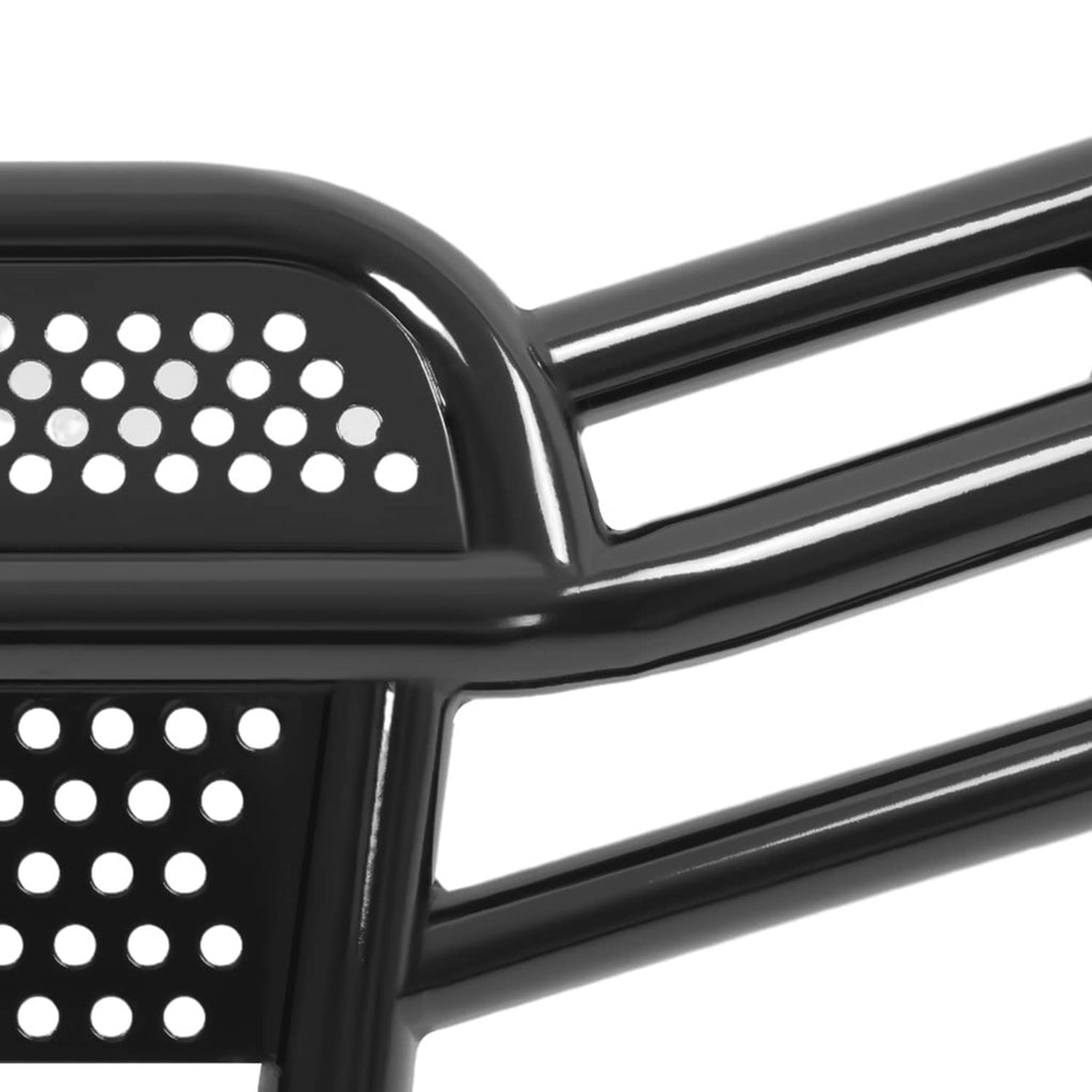 Close-up of black curved corner, perforated panel, and top rail