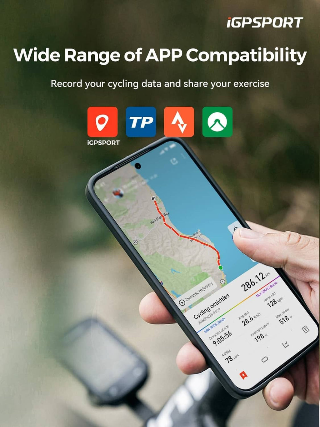 Smartphone displaying route navigation map for cycling, app interface in color