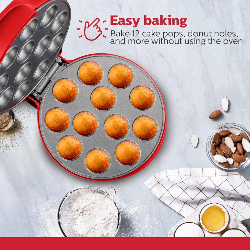 Red 12-cavity cake pop maker with non-stick plate, baking round cake pops