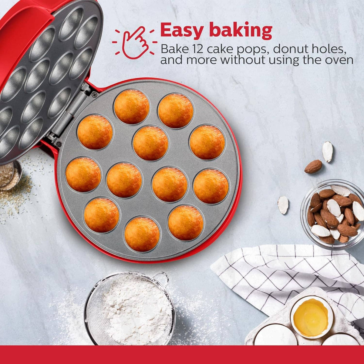 Red 12-cavity cake pop maker with non-stick plate, baking round cake pops
