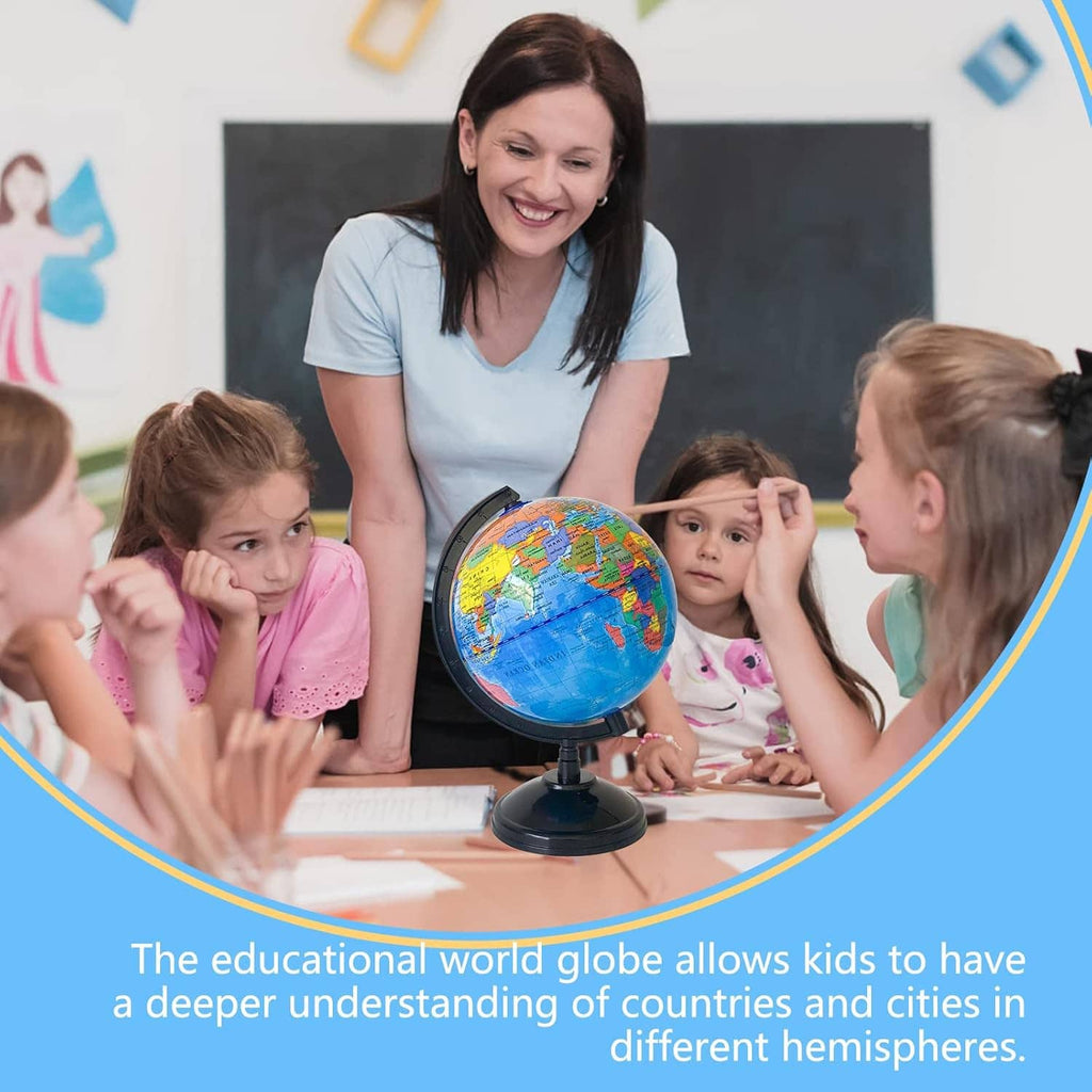 Educational world globe on stand with children gathered around for learning
