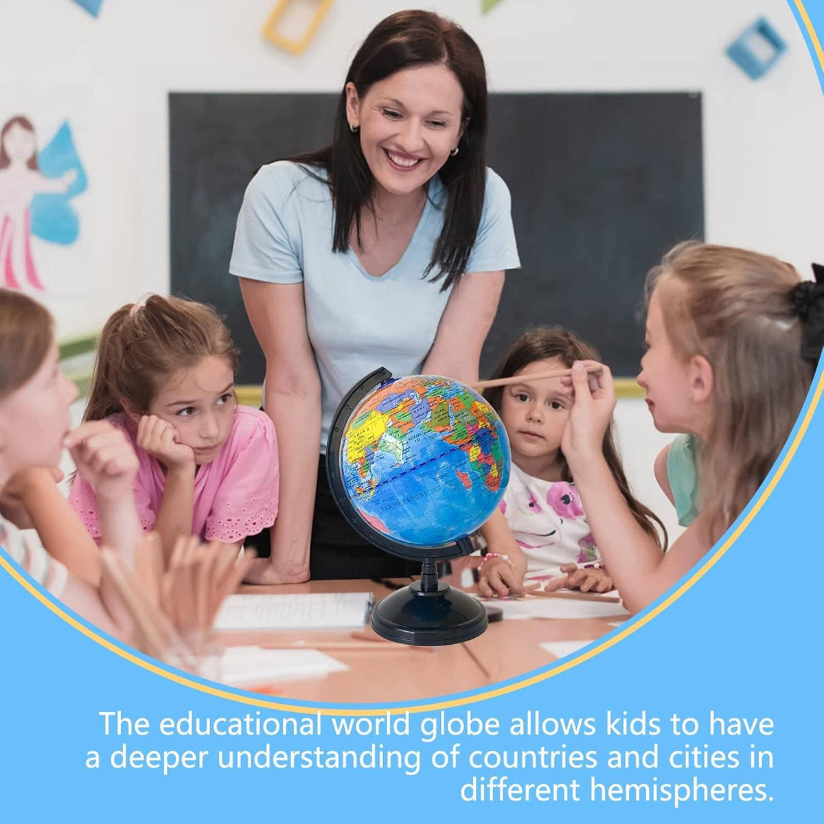 Educational world globe on stand with children gathered around for learning