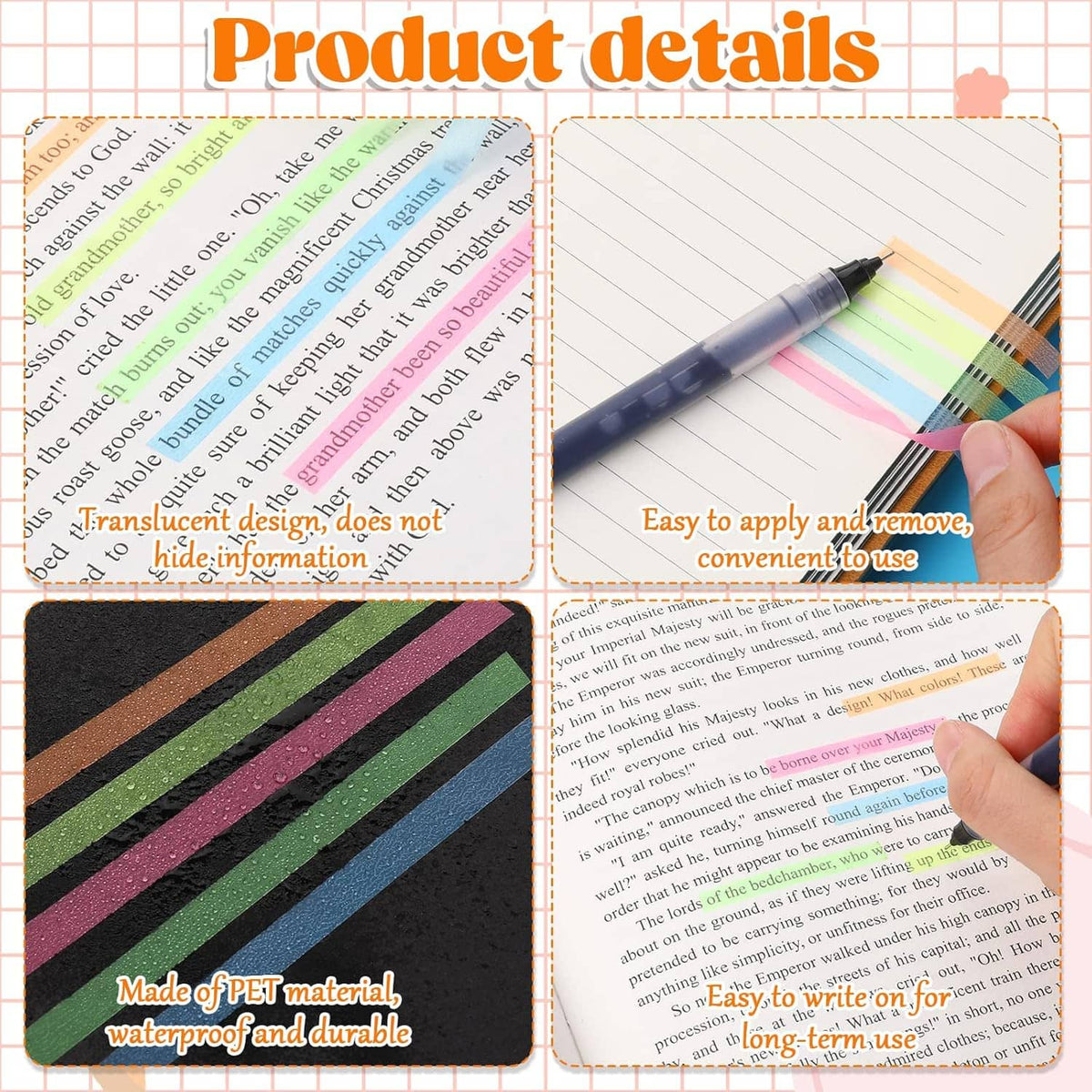 Translucent colored highlighter tape strips in multiple colors on lined writing paper