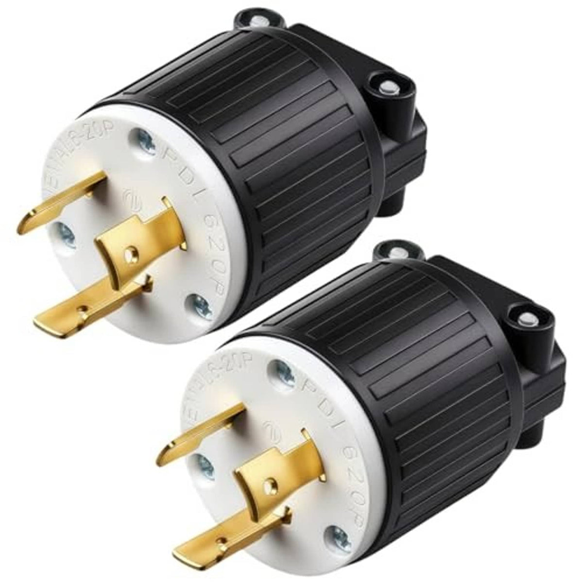 NEMA locking plug pair with black twist-lock housings and three gold prongs