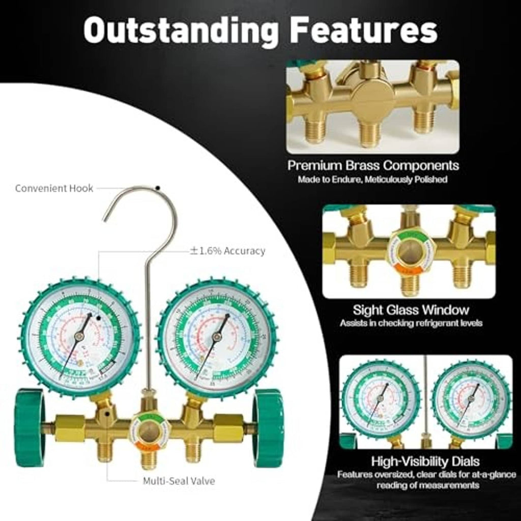 AC manifold gauge set with hook, dual green gauges, sight glass window, and multi-seal valve