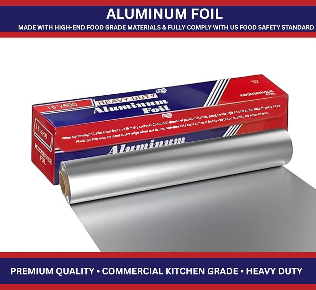 Heavy-duty aluminum foil roll and branded carton, foodservice foil packaging set.