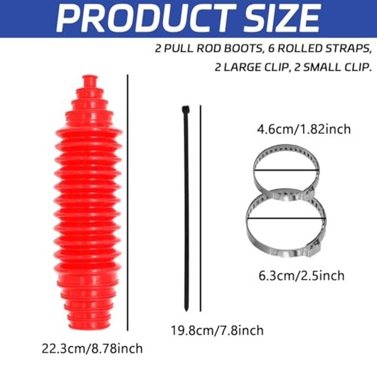 Universal steering rack boot kit size chart with two red boots and clamp dimensions