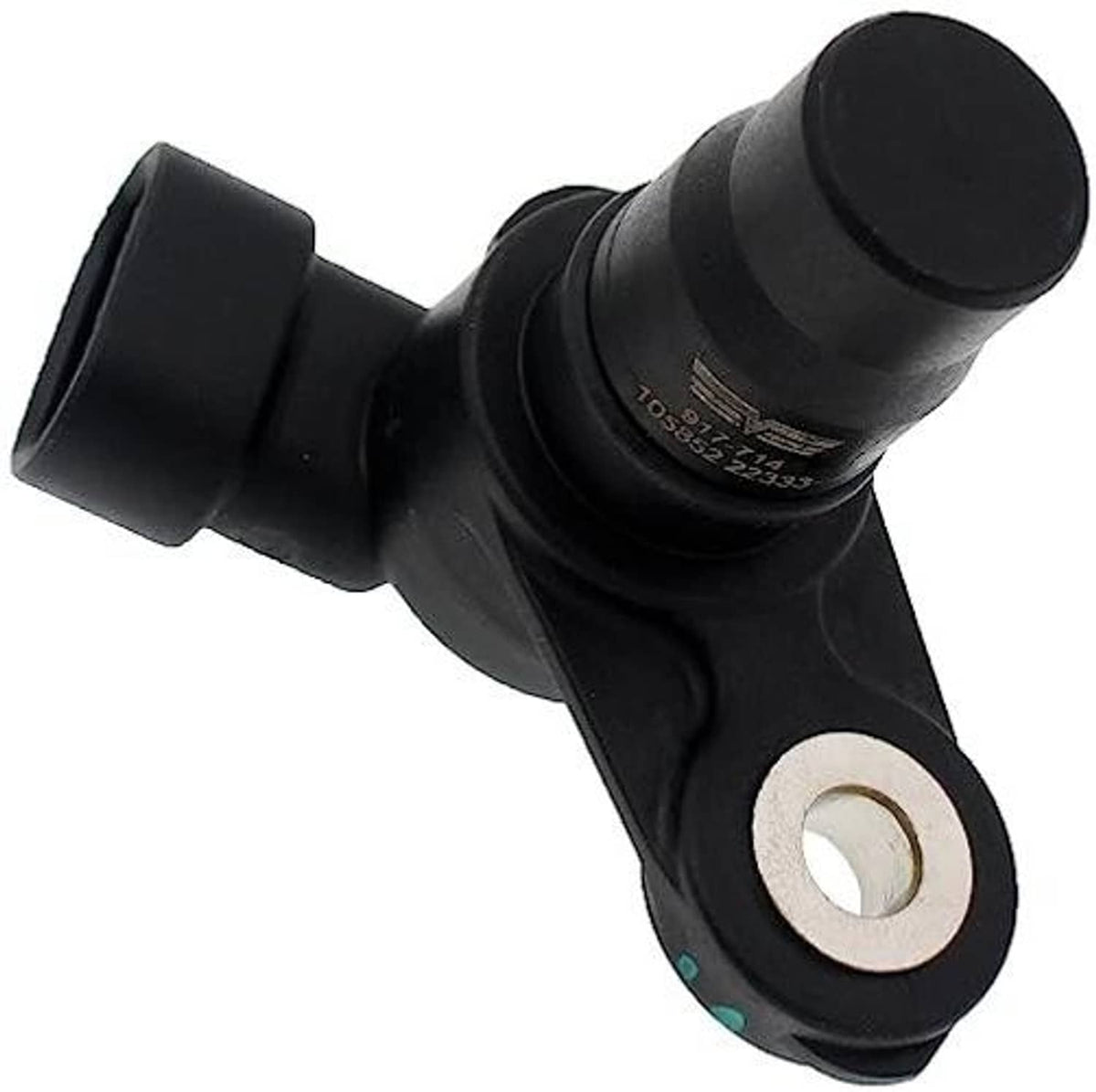 Engine camshaft position sensor with mounting hole and black electrical connector