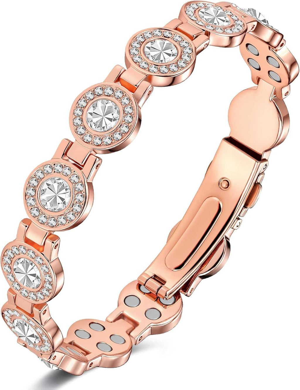 Rose-gold magnetic bracelet with oval rhinestone links and round center stones