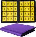 Purple ringless side-loading trading card binder, black frame, open yellow pocket grid