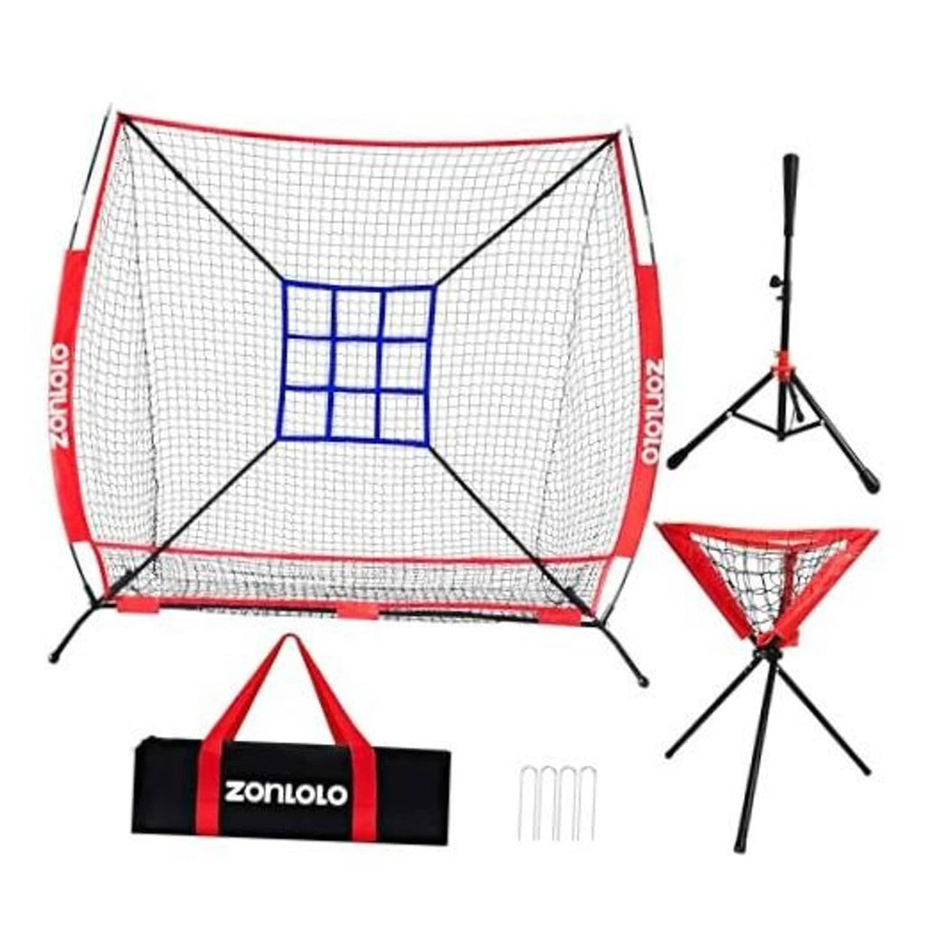 Portable baseball & softball training net, red frame with blue 9-zone strike grid