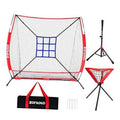 Portable baseball & softball training net, red frame with blue 9-zone strike grid