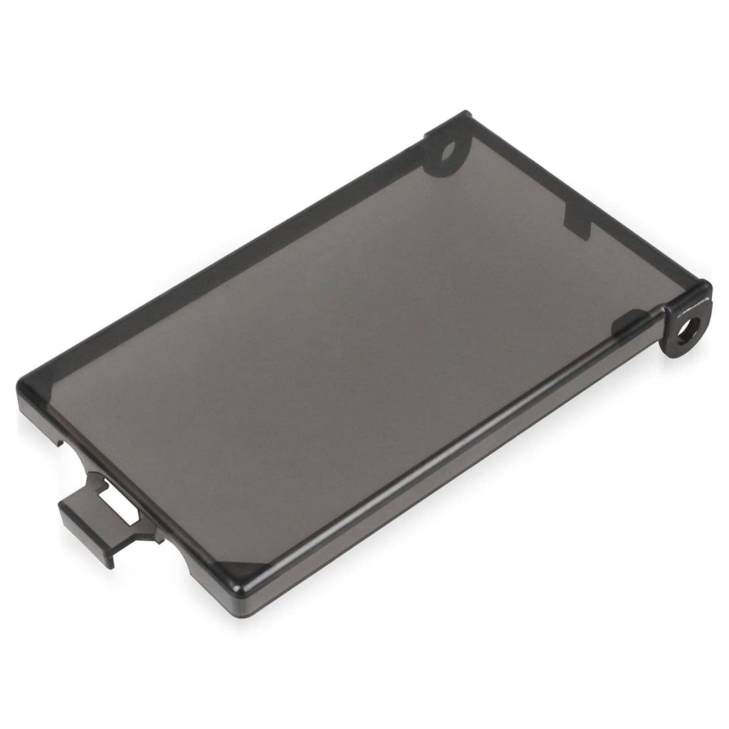Outdoor electrical outlet cover with dark gray tinted door and side pin