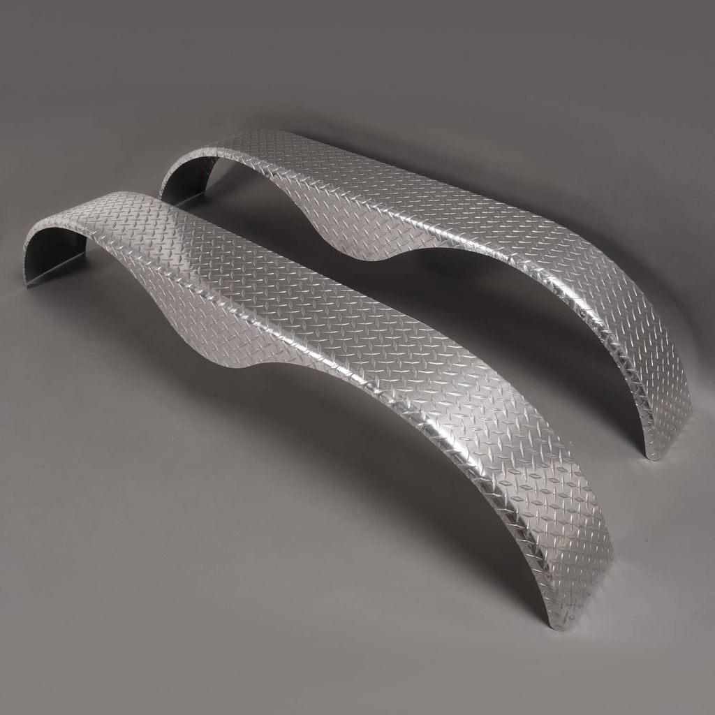 Tandem trailer fenders in silver textured tread plate, angled view of two fenders