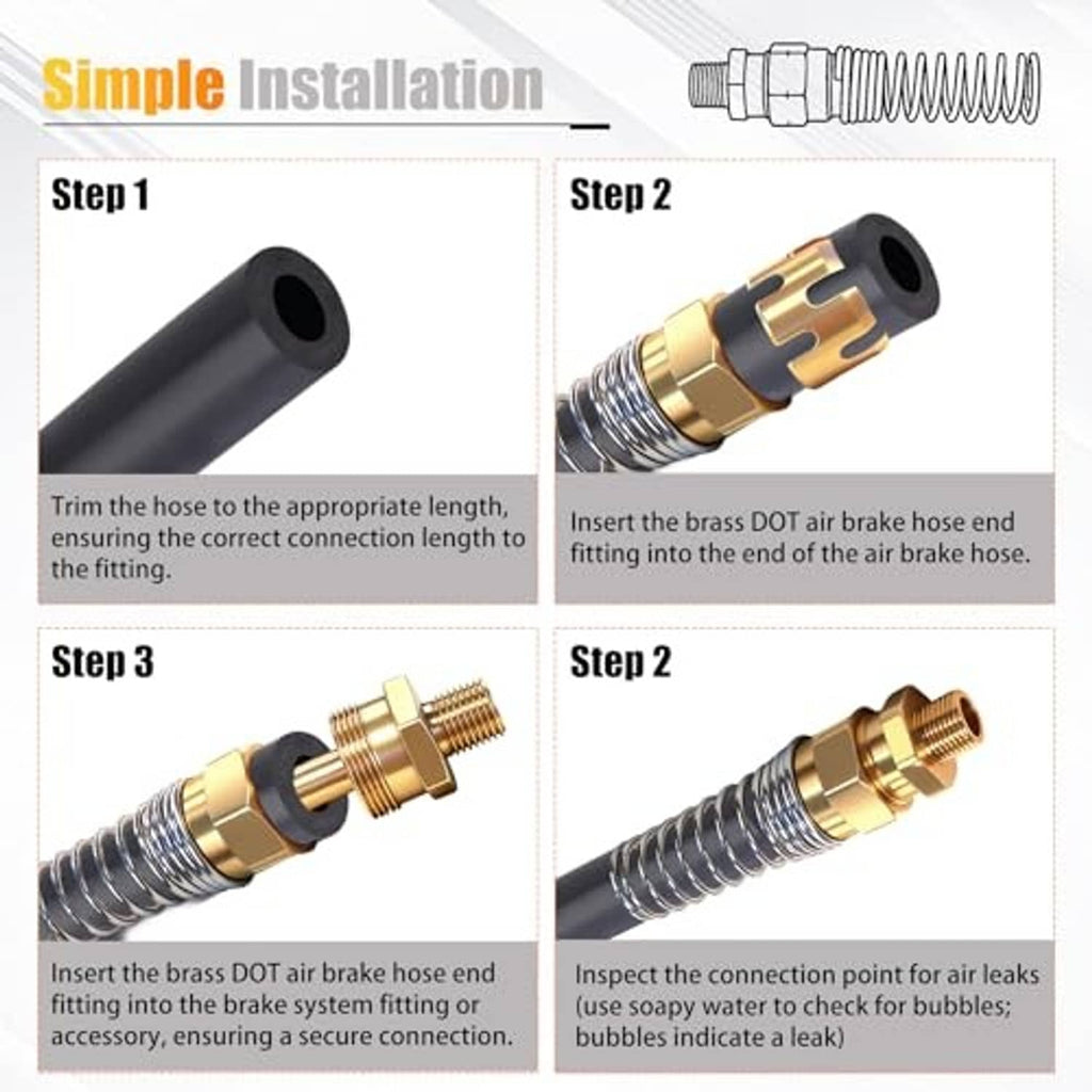 Brass DOT air brake hose end fitting with coiled spring, shown for installation steps