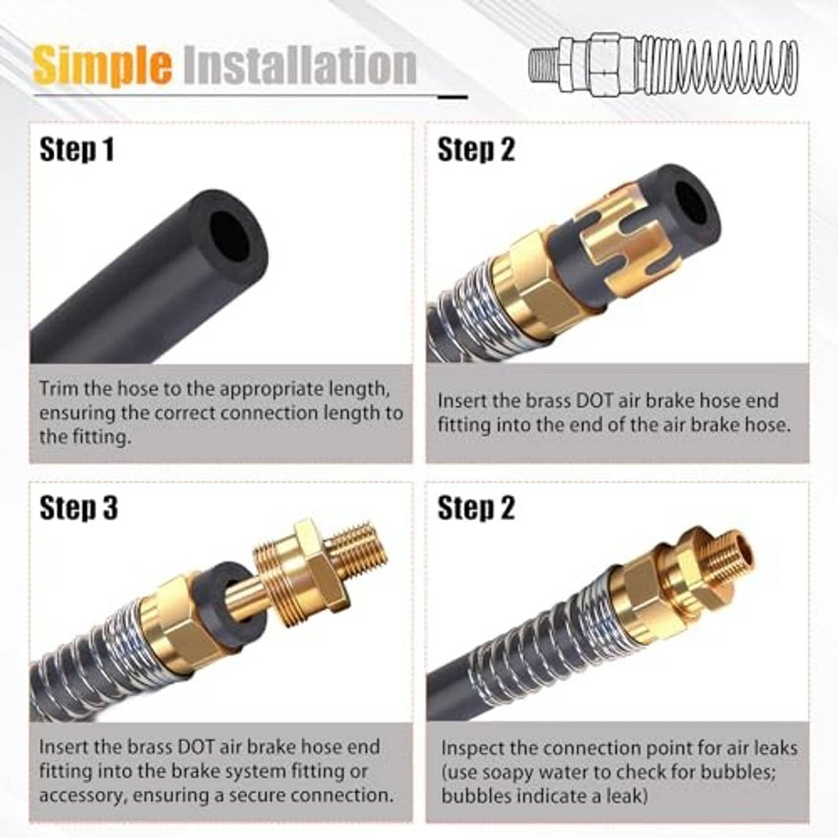 Brass DOT air brake hose end fitting with coiled spring, shown for installation steps